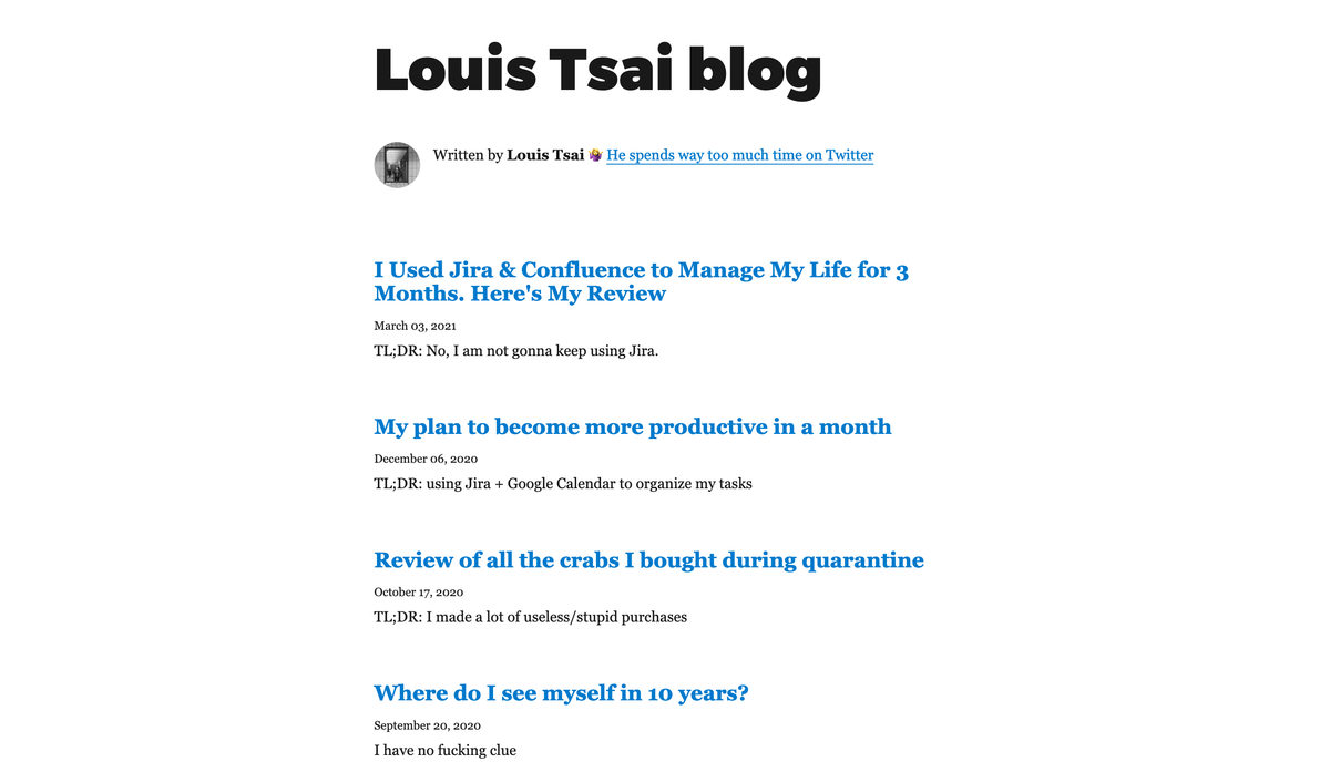 Screenshot of "Louis Tsai blog", which only has a series of blog post title and headline. The whole page is super plain.