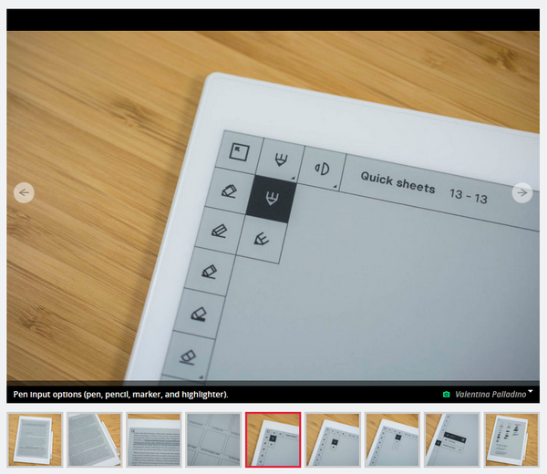 Screenshot of reMarkable 1 review, showing the drawing UI, in which each icon has a square border around it.