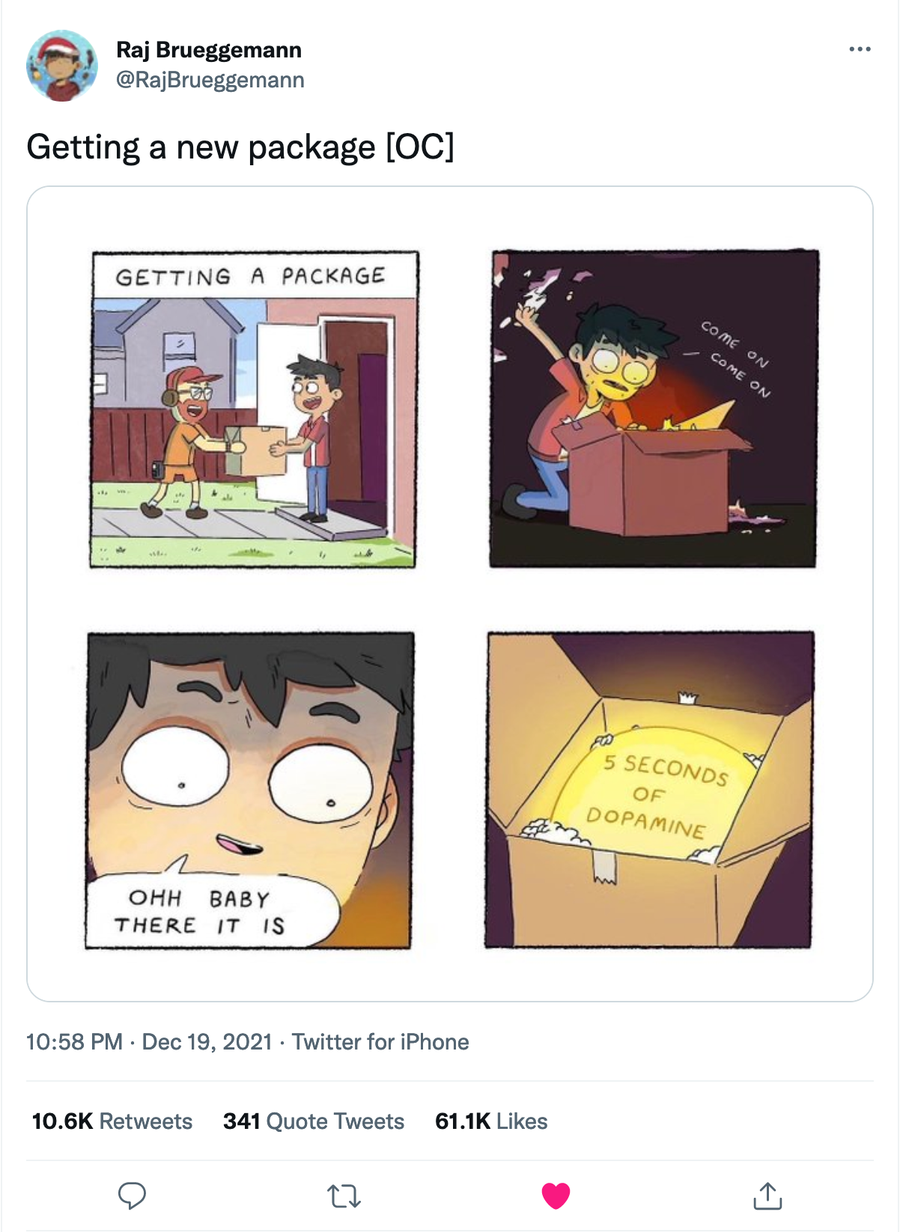 Panel 1: "Getting a package"; Panel 2: Man rushing to open the box, mumbling "COME ON COME ON", and the content inside is glowing; Panel 3: Zoom in to man