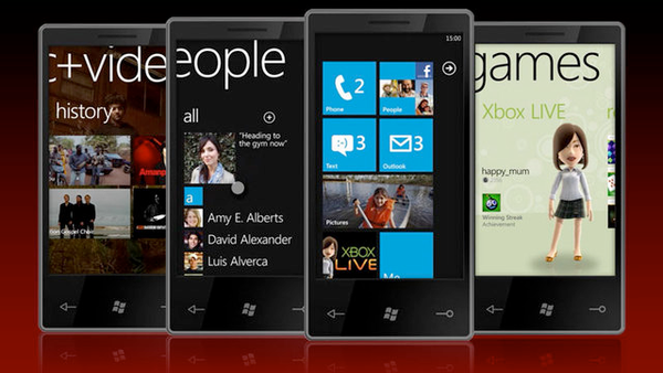 Picture of Windows Phone 7 launch marketing photos, in which it shows 4 mockups of what the UI would look like