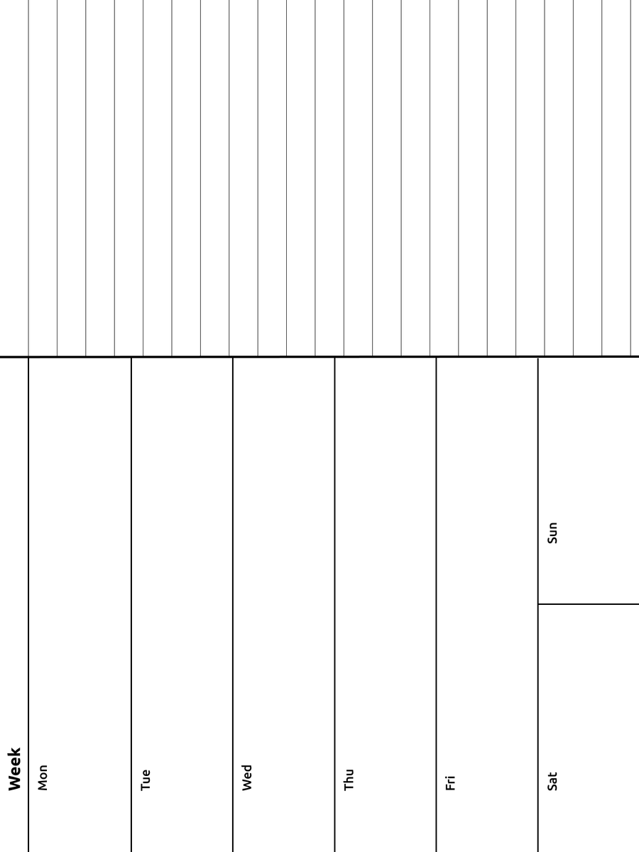A weekly journal template: left hand side has 6 rows, Mon - Fri, plus Sat & Sun sharing a row; right hand side has 22 row of blank lines to write on.