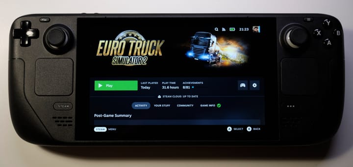 A Steam Deck, showing the launch screen of Euro Truck Simulator 2